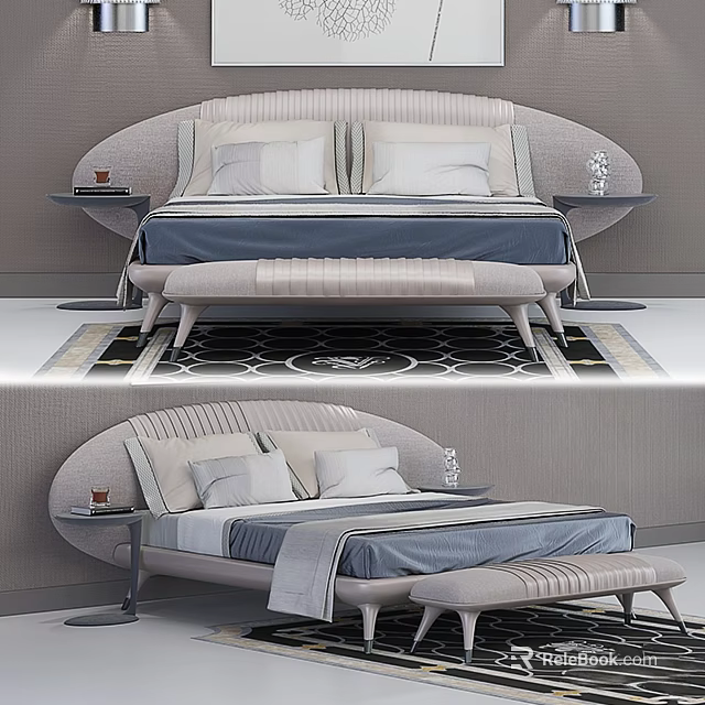 Modern Double Bed with Curved Headboard Light Gray Pillows Blue Bedding Nightstands and Geometric Rug 3d model 