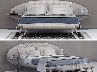 Modern Double Bed with Curved Headboard Light Gray Pillows Blue Bedding Nightstands and Geometric Rug 3d model