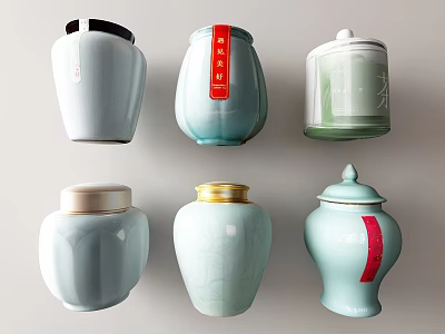 Elegant Ceramic Jars With Lids In Light Blue White And Red Gold Accents 3d model