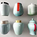 Elegant Ceramic Jars With Lids In Light Blue White And Red Gold Accents