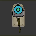 Outdoor Security Camera With Yellow Striped Housing And Green Lens Mounted On Wall