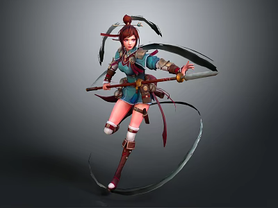 Female Warrior Character With Bird Creature Inspired Headdress And Spear Weapon 3d model