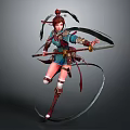 Female Warrior Character With Bird Creature Inspired Headdress And Spear Weapon