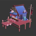 Cartoon Scene With Cute House Blue Roof Red Platform Lanterns Small Tables Chairs Flag Decorations