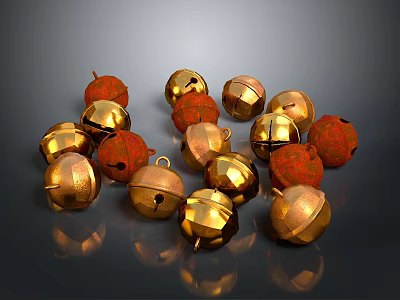 Golden Bells And Red Fabric Ornaments On Dark Reflective Surface 3d model