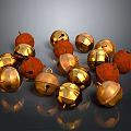 Golden Bells And Red Fabric Ornaments On Dark Reflective Surface