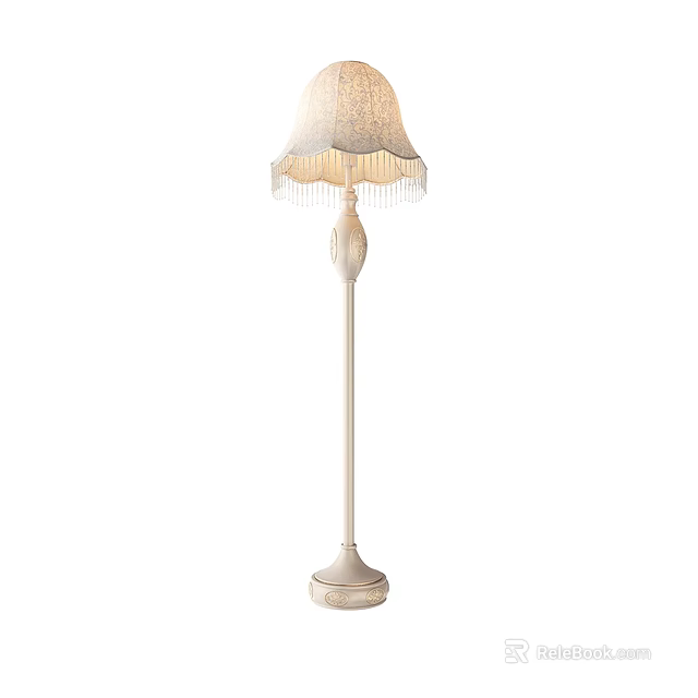 Elegant Floor Lamp With Fabric Shade Tassel Trim And Slim White Stand Design 3d model 
