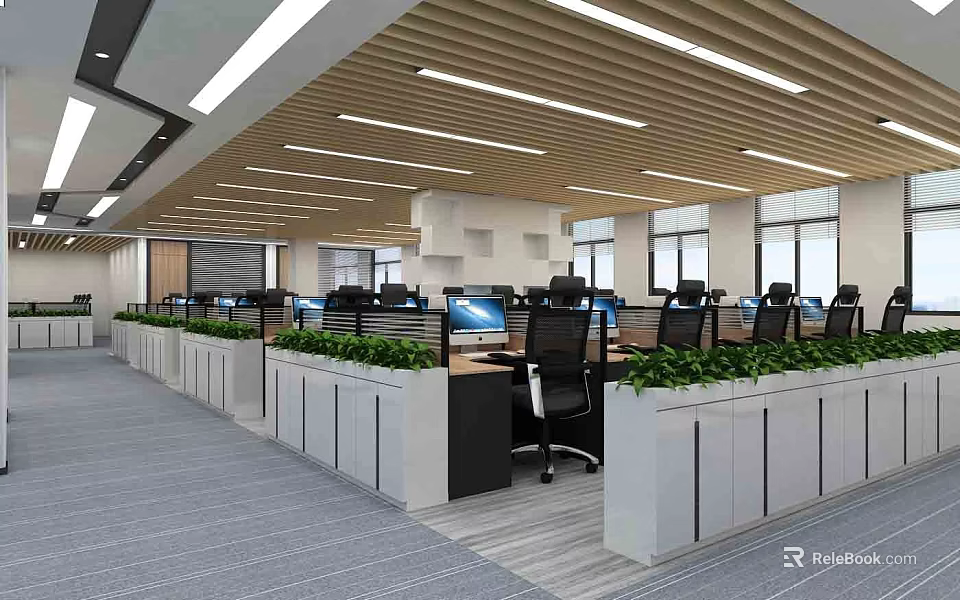 Modern Public Office Space With Open Workstations Green Plants Ceiling Lights And Natural Light Windows 3d model 