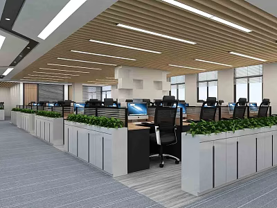Modern Public Office Space With Open Workstations Green Plants Ceiling Lights And Natural Light Windows 3d model