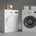 Two White Front Loading Washing Machines With Wooden Box Cloth And Transparent Containers On Top