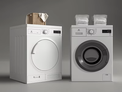 Two White Front Loading Washing Machines With Wooden Box Cloth And Transparent Containers On Top 3d model