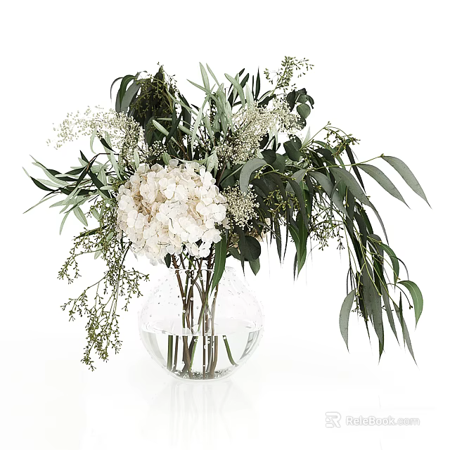 Transparent Glass Vase With White Hydrangea Green Foliage And Small White Blooms In Water Arrangement 3d model 