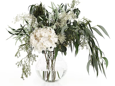 Transparent Glass Vase With White Hydrangea Green Foliage And Small White Blooms In Water Arrangement 3d model