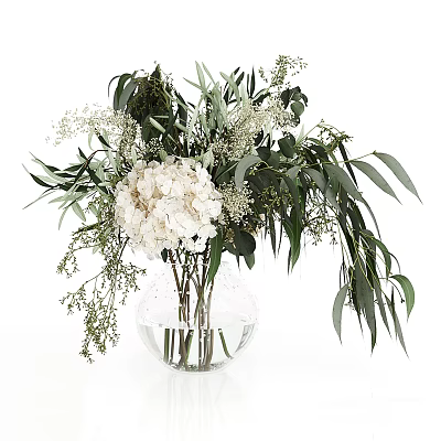 Transparent Glass Vase With White Hydrangea Green Foliage And Small White Blooms In Water Arrangement 3d model