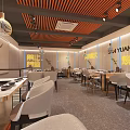 Modern Restaurant Interior With Refrigerated Food Display Case Dining Tables And Chairs