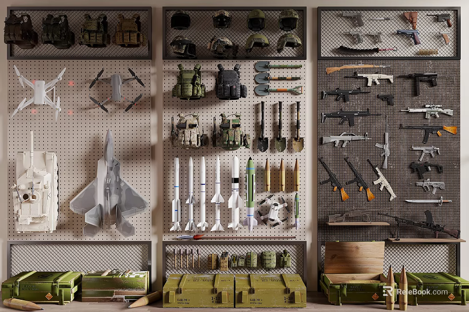 Assorted Weapons and Military Gear Display with Guns Aircraft Models Helmets Backpacks and Crates 3d model 