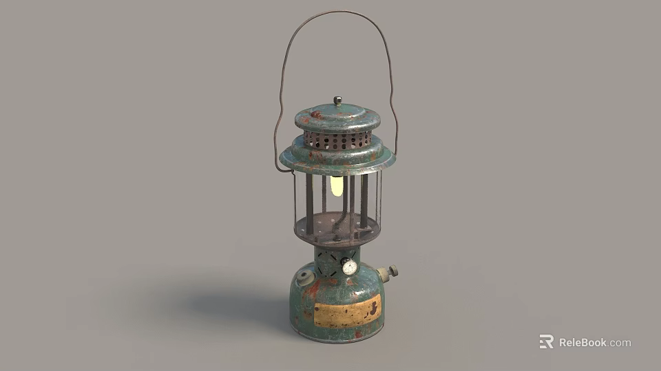 Vintage Teal Colored Portable Outdoor Lantern With Metal Frame Handle And Rustic Finish 3d model 
