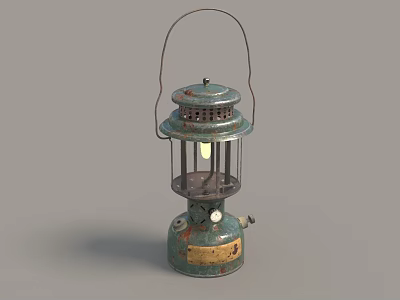 Vintage Teal Colored Portable Outdoor Lantern With Metal Frame Handle And Rustic Finish 3d model