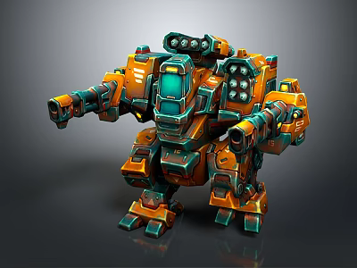 Futuristic Smart Robot With Orange Teal Armor Mechanical Arms And Weapon Systems 3d model