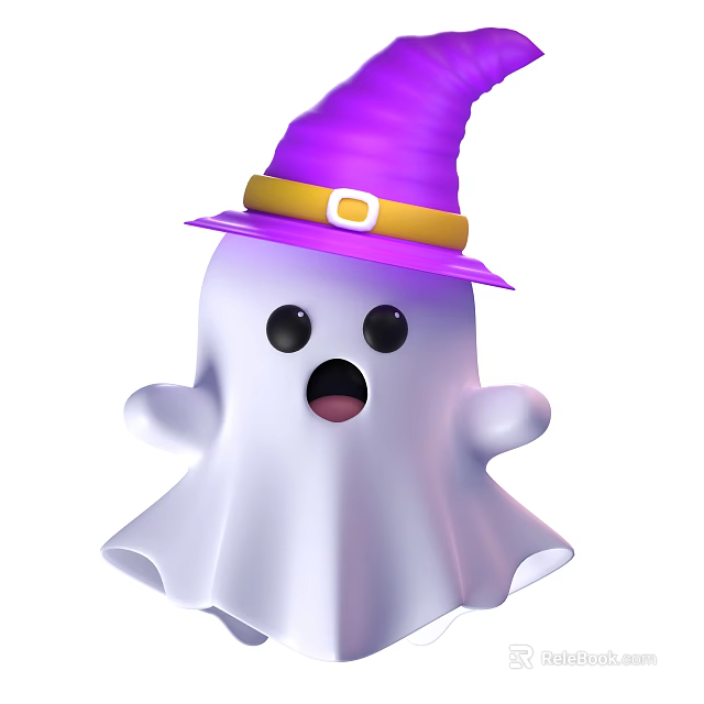 Halloween Themed Decorative Ornament Set With White Ghost And Purple Witch Hat 3d model 