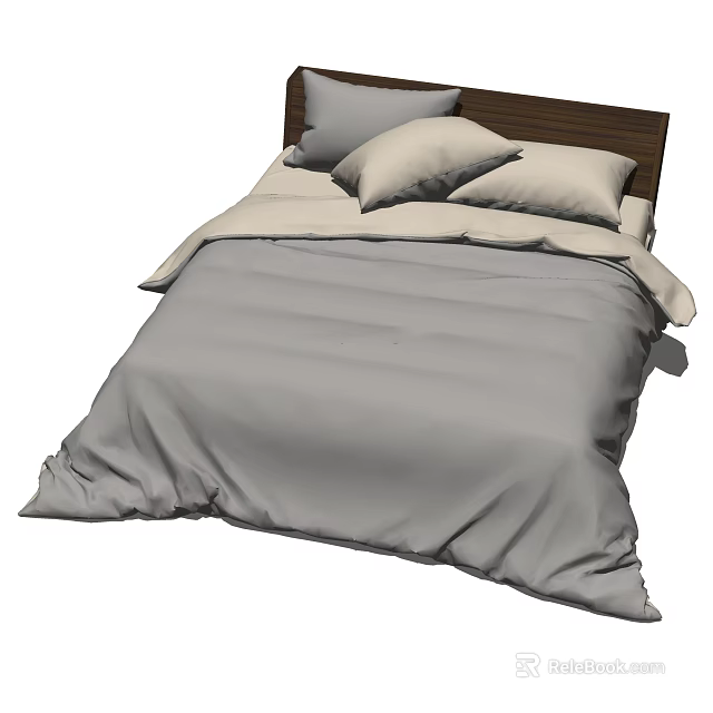 Modern Double Bed With Wooden Headboard Gray Bedding And Pillows 3d model 