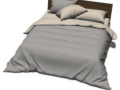 Modern Double Bed With Wooden Headboard Gray Bedding And Pillows 3d model