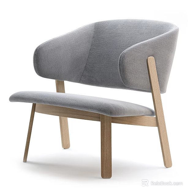 Gray Upholstered Leisure Chair With Curved Backrest Wooden Legs Modern Design 3d model 