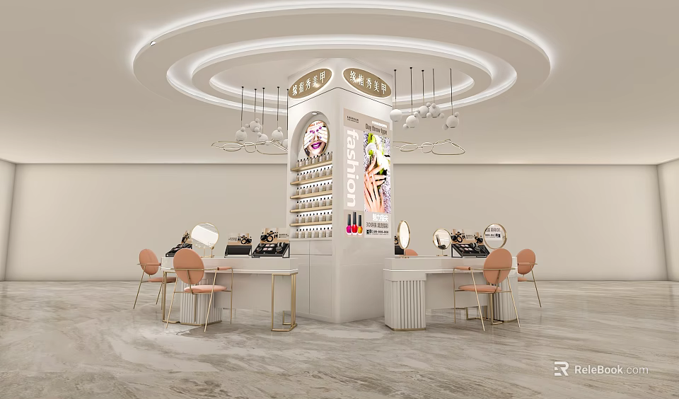 Modern Beauty Hair Salon Interior Design With Stylish Workstations Pink Chairs And Decorative Lights 3d model 