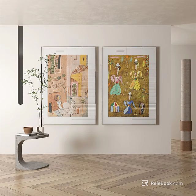 Modern Interior With Two Wall Paintings Small Table And Green Plant 3d model