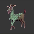 Mythical Fantasy Beast Standing Pose With Green Body Antlers Red Tail And Scaled Design