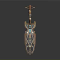 Intricate Golden Sword Sculpture With Ornate Carvings And Gemstone Accents