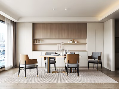 Modern Restaurant Interior Design With Wooden Cabinets Dining Table Chairs And Carpet 3d model
