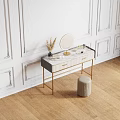 Elegant Dressing Table With Gold Legs Marble Top Round Mirror And Stool 3d model