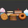 Colorful Assorted Food Items Including Ice Cream Hamburger Cake Waffle Donut And Milk Carton