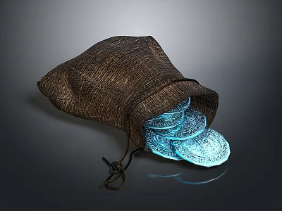 Brown Burlap Bag With Spilled Glowing Blue Coins Shining On Gray Surface 3d model