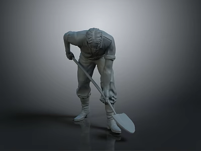 Detailed Gray Male Figure Sculpture In Bending Work Pose Holding Shovel 3d model