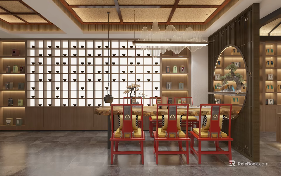 Chinese Style Furniture Store with Red Chairs Wooden Table Display Shelves and Round Cabinet Interior 3d model 