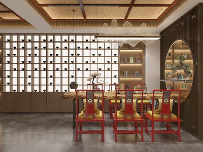 Chinese Style Furniture Store with Red Chairs Wooden Table Display Shelves and Round Cabinet Interior 3d model