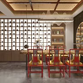Chinese Style Furniture Store with Red Chairs Wooden Table Display Shelves and Round Cabinet Interior