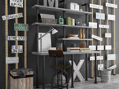 Desk Setup With Vintage Wall Signs Shelves Books Green Bottle And Wooden Chair 3d model