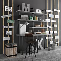 Desk Setup With Vintage Wall Signs Shelves Books Green Bottle And Wooden Chair