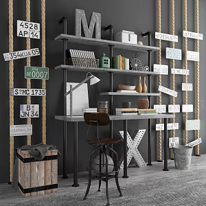 Industrial LOFT Desk Chair Desk Decorative Cabinet Decorative Combination 3d model