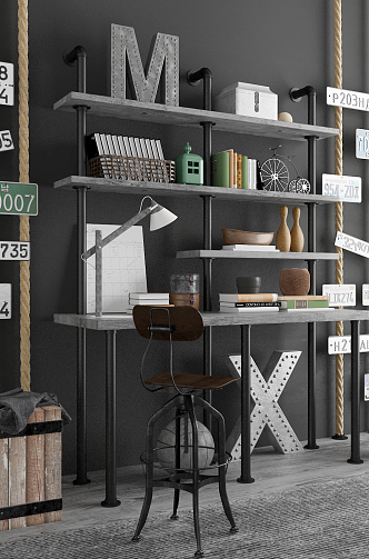 Industrial LOFT Desk Chair Desk Decorative Cabinet Decorative Combination 3d model