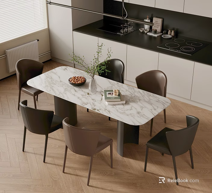 Modern Dining Table Set With Marble Tabletop Six Brown Black Chairs Vase And Fruit Bowl 3d model 