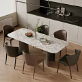 Modern Dining Table Set With Marble Tabletop Six Brown Black Chairs Vase And Fruit Bowl