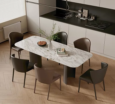 Modern Dining Table Set With Marble Tabletop Six Brown Black Chairs Vase And Fruit Bowl 3d model