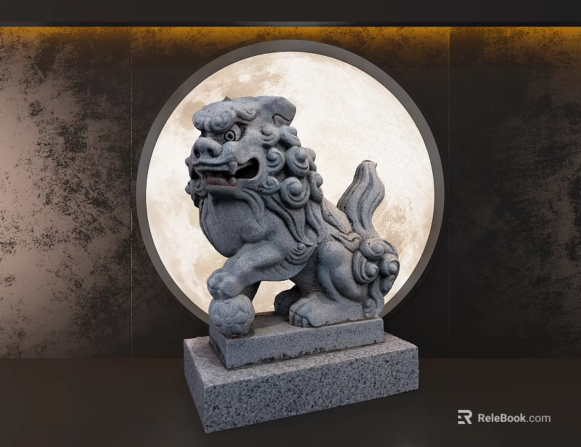 Carved Stone Lion Sculpture with Round Moon and Textured Wall Background 3d model 