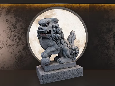 Carved Stone Lion Sculpture with Round Moon and Textured Wall Background 3d model