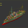Vintage Model Ship With Green Hull Red Bottom And Wooden Deck Structure