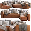 Modern Brown Leather Sectional Sofa With Cozy Throw Pillows And Blankets 3d model
